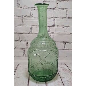 Vintage Hand Blown Green Glass Vinegar Wine Whiskey Paneled Decanter Open Pontil